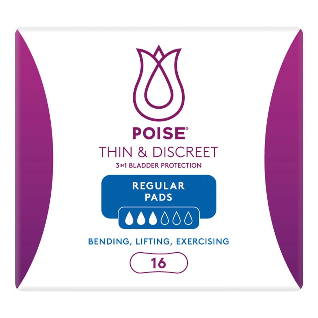 Poise Thin & Discreet Regular Pads with standard length and moderate absorbency, designed for discreet daytime bladder leakage protection.