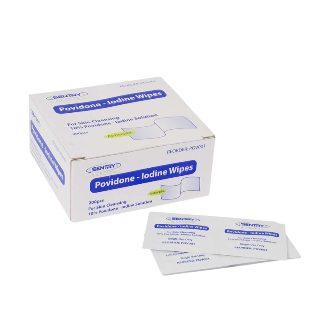 Box of Povidone Iodine Antiseptic Wipes with individually wrapped sachets, designed for pre-procedure skin cleansing and infection control in clinical and first aid settings.