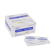 Box of Povidone Iodine Antiseptic Wipes with individually wrapped sachets, designed for pre-procedure skin cleansing and infection control in clinical and first aid settings.