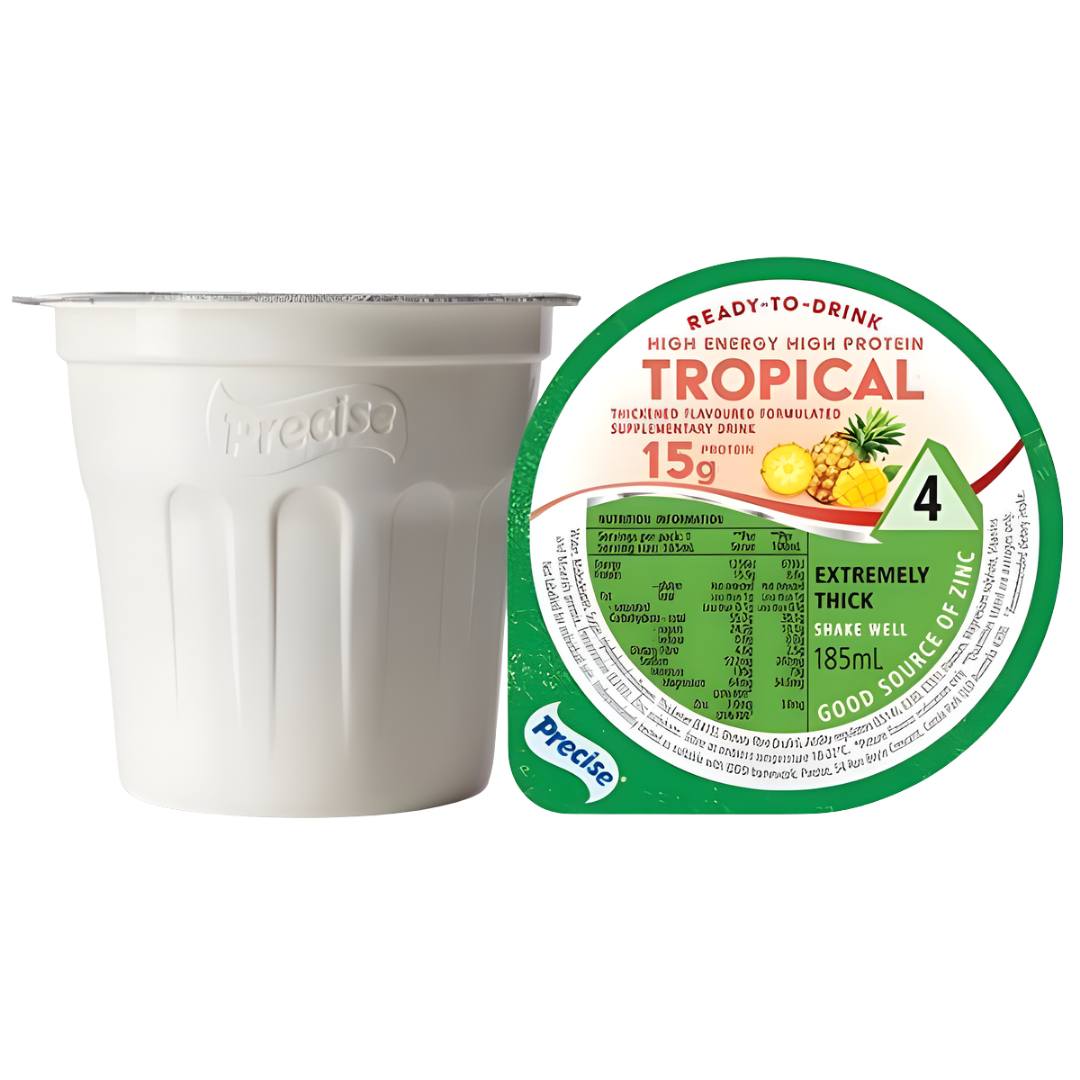Precise Ready-To-Drink Tropical Creamy Thick 185ml available in Level 2, Level 3, and Level 4, providing safe hydration for individuals with swallowing difficulties.