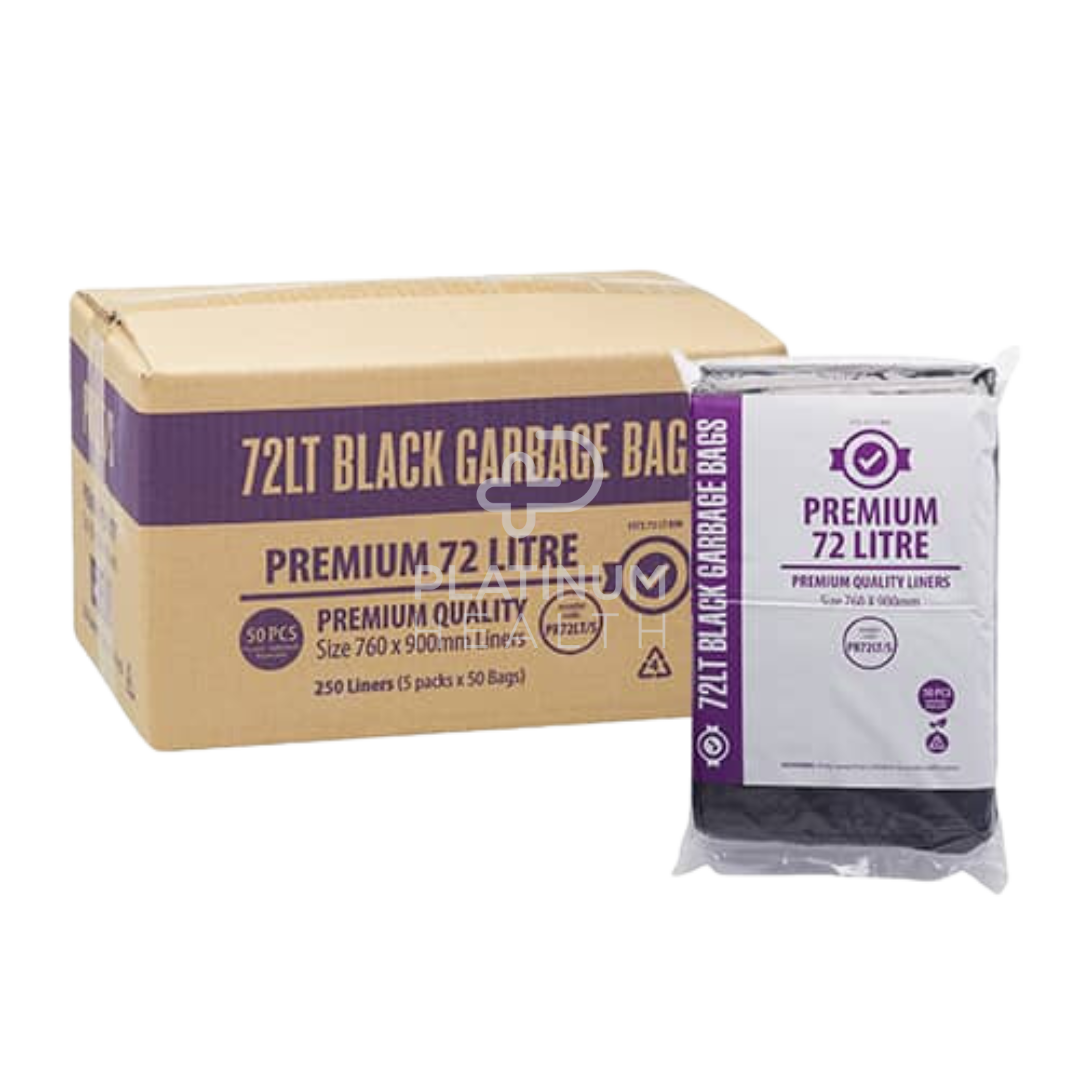 A pack of 72LT black premium bin liners, with the product's details visible on the packaging.