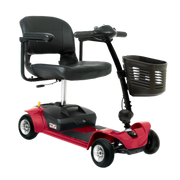 Pride Go-Go Boot 4-Wheel Mobility Scooter with front basket and padded seat, ideal for portable travel and daily use.