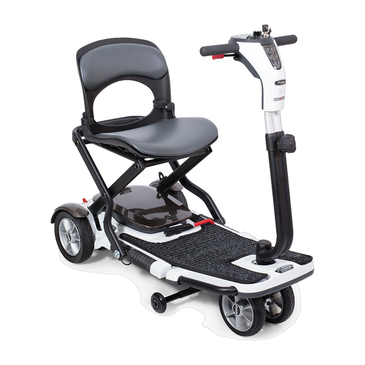 Pride Quest Folding Scooter 4 Wheel in white, unfolded and ready to ride