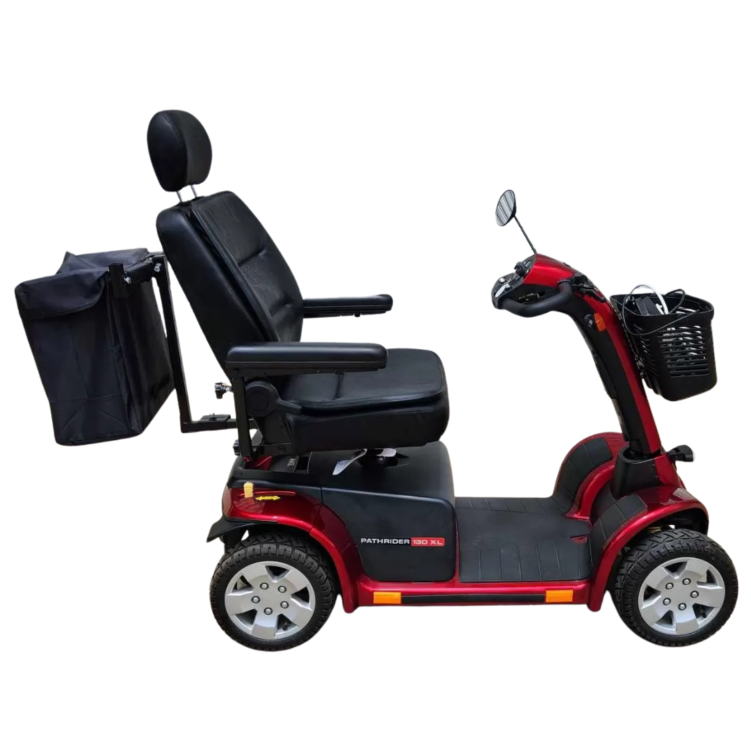 Pride Pathrider 130XL scooter offers rugged outdoor mobility with suspension, 13” tyres, LED lighting, and adjustable swivel seat for comfort and safety.