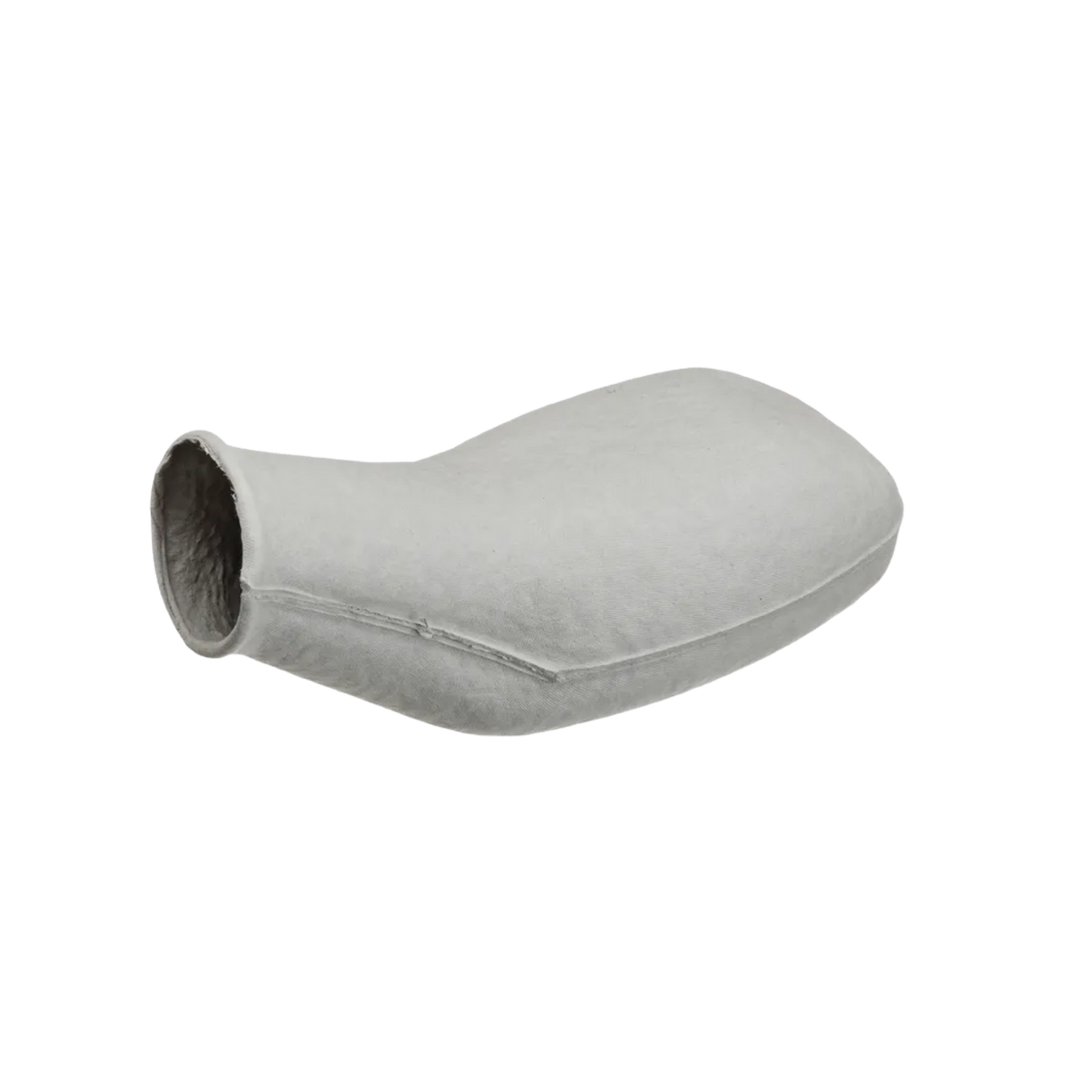 Single-use disposable 875mL bulbous pulp male urinal bottle made of light gray molded paper pulp, positioned horizontally against a transparent background.