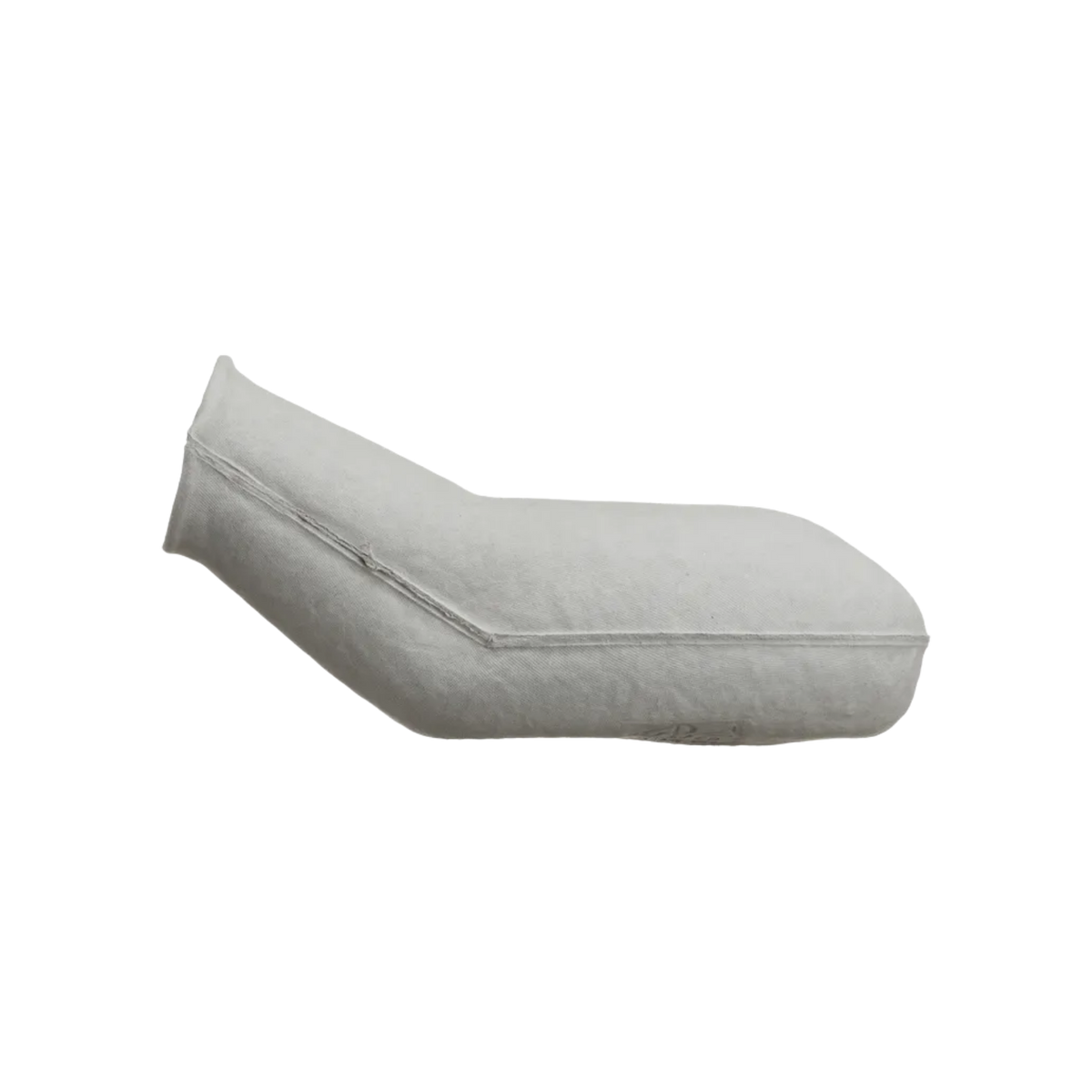 Side view of a single-use disposable 875mL bulbous pulp male urinal bottle made of light gray molded paper pulp, lying horizontally against a transparent background.