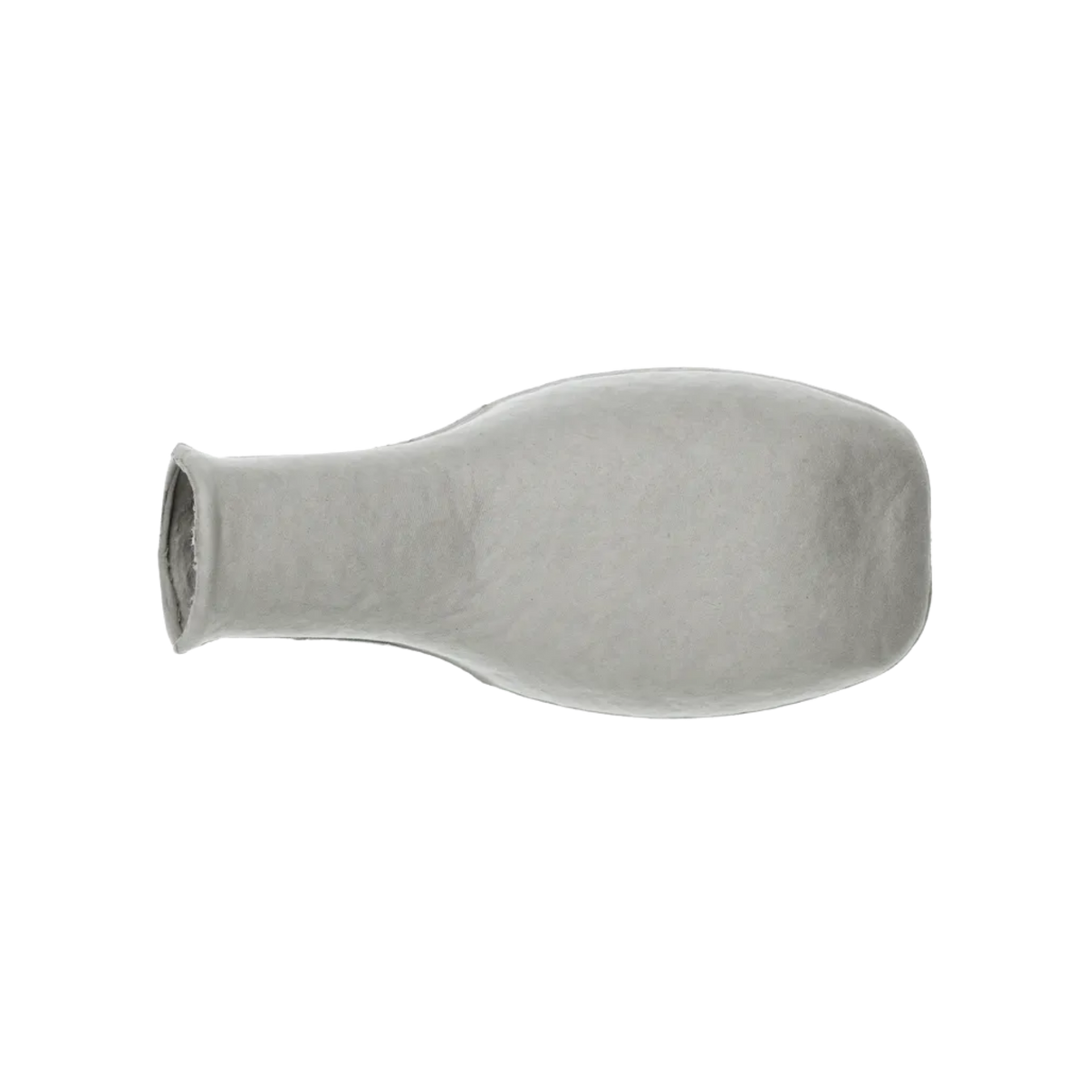 Top-down view of a single-use disposable 875mL bulbous pulp male urinal bottle made of light gray molded paper pulp, lying horizontally against a transparent background.