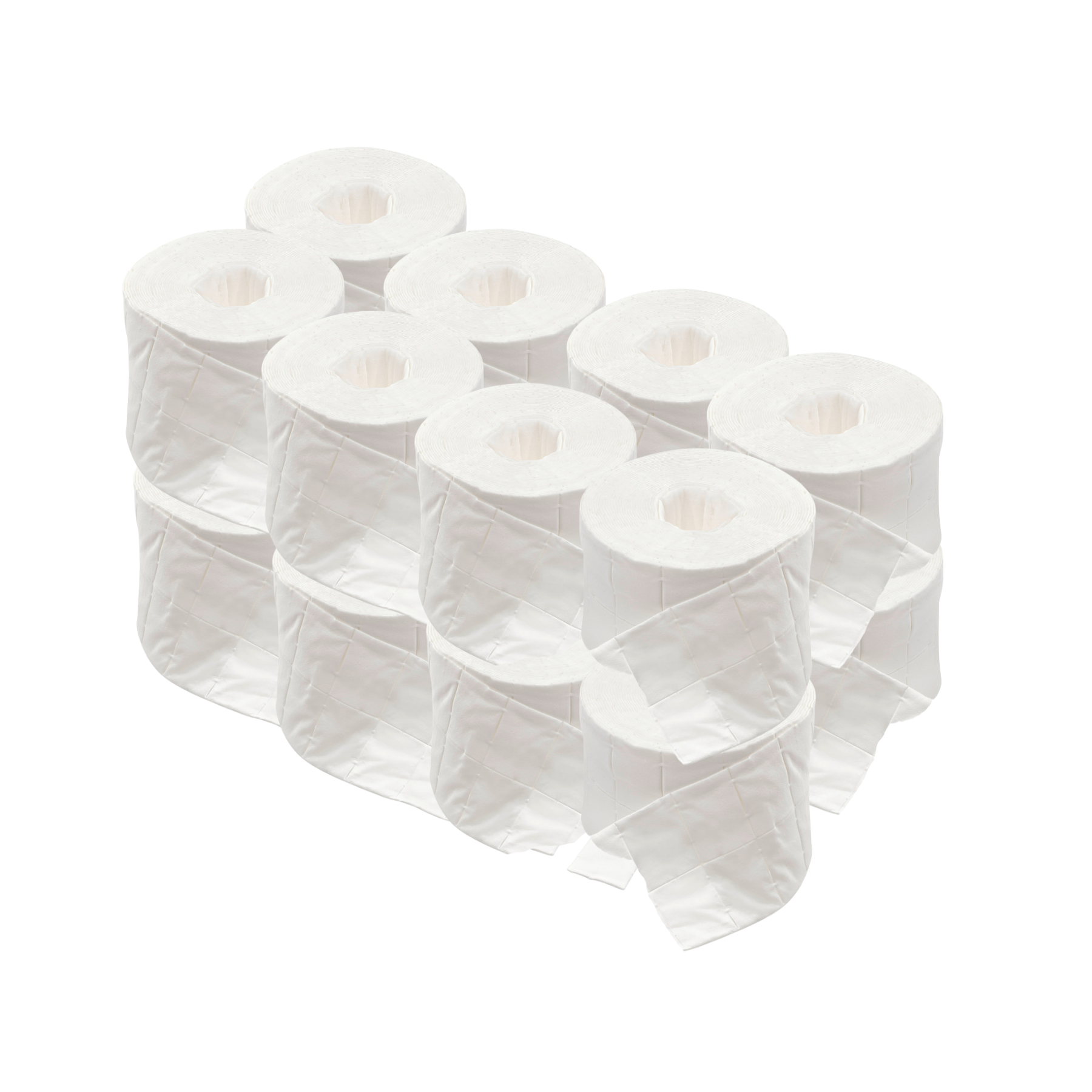 A pack of white toilet paper rolls stacked together on a plain white background.