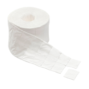A roll of white wound dressing gauze with a grid pattern, shown with a strip of square gauze pieces unrolled and a single square piece in front, on a solid white background.