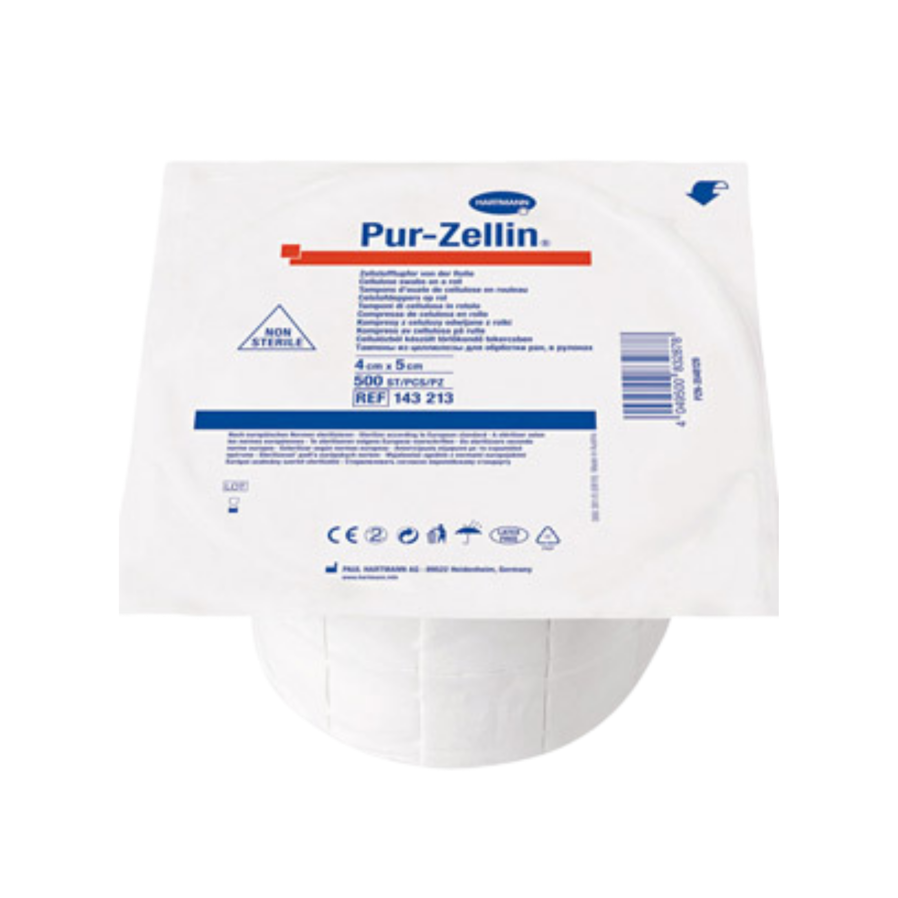 A packaged roll of Pur-Zellin surgical gauze, showing the white circular gauze roll partially unrolled beneath a printed white protective cover with blue and red text.