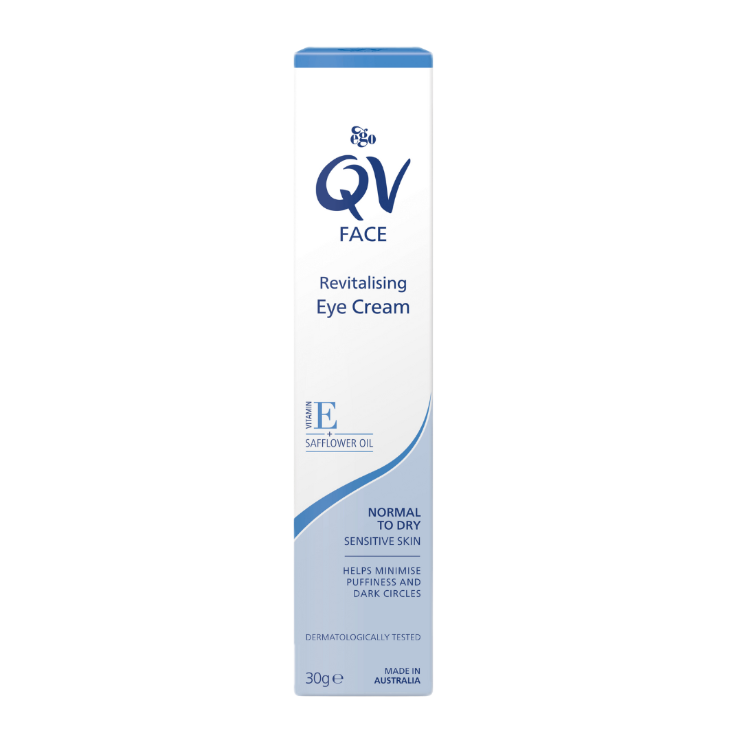 QV Face Revitalising Eye Cream 30g – lightweight, fragrance-free formula for reducing puffiness and dark circles around sensitive eyes.