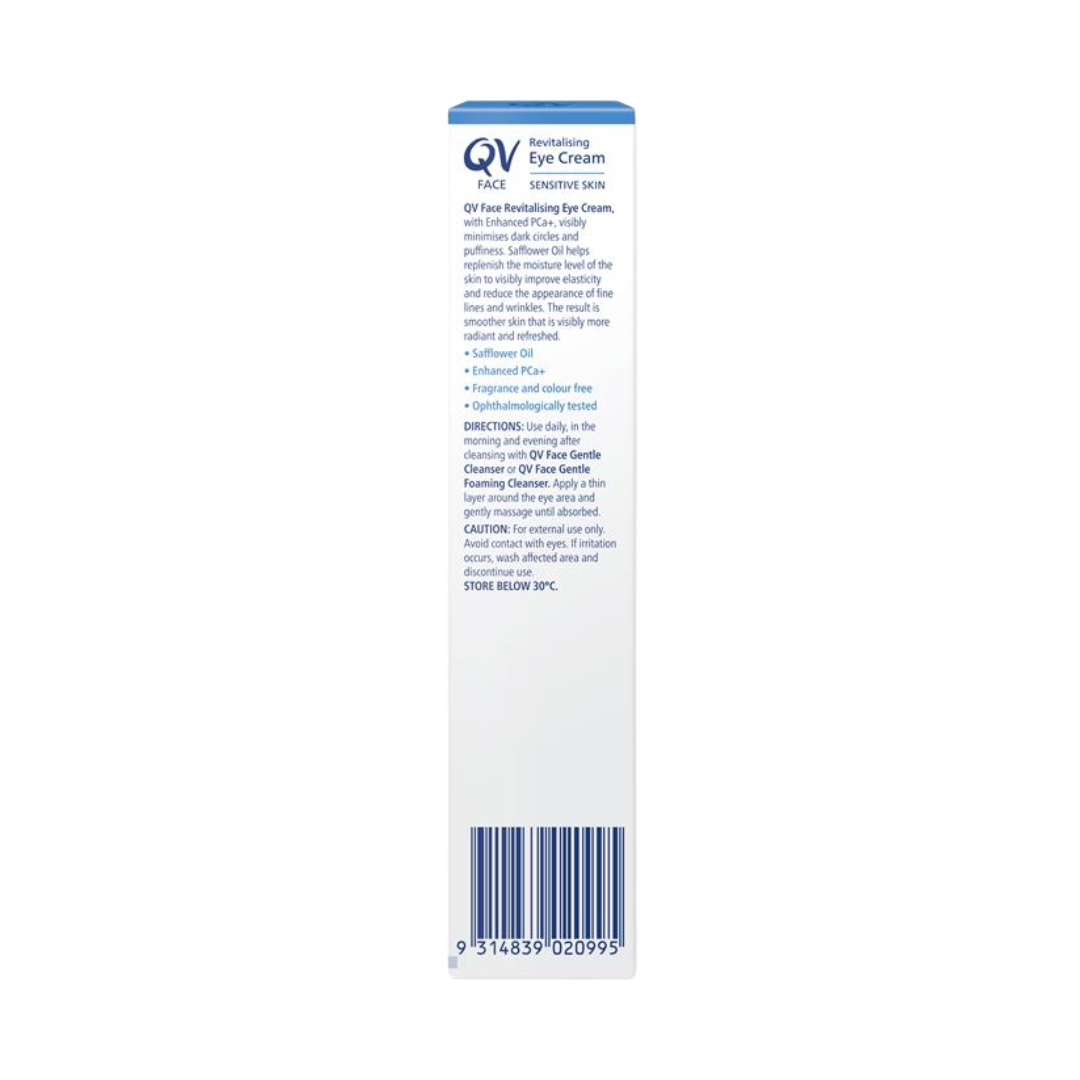 QV Face Revitalising Eye Cream 30g – lightweight, fragrance-free formula for reducing puffiness and dark circles around sensitive eyes.