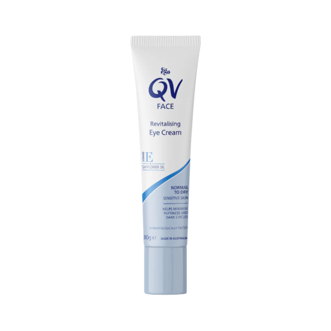 QV Face Revitalising Eye Cream 30g – lightweight, fragrance-free formula for reducing puffiness and dark circles around sensitive eyes.