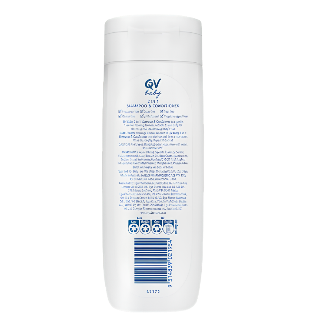 QV Baby 2‑in‑1 Shampoo and Conditioner 250g, gentle tear‑free formula cleanses and conditions delicate hair, safe for sensitive baby skin.