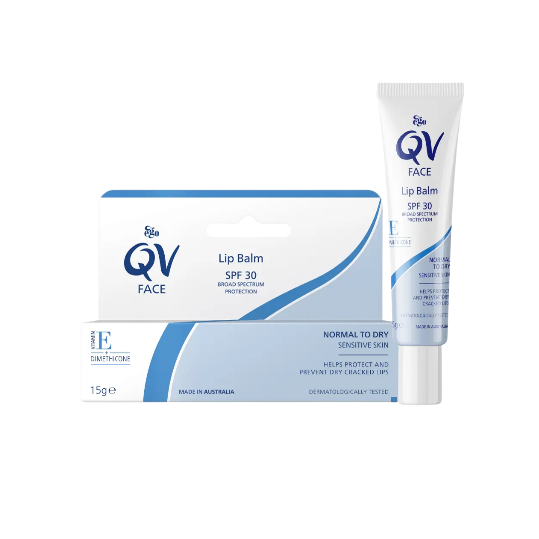 QV Face Lip Balm 15g with SPF 30, fragrance‑free moisturising lip protection for dry, sensitive lips with soft glide‑on applicator.