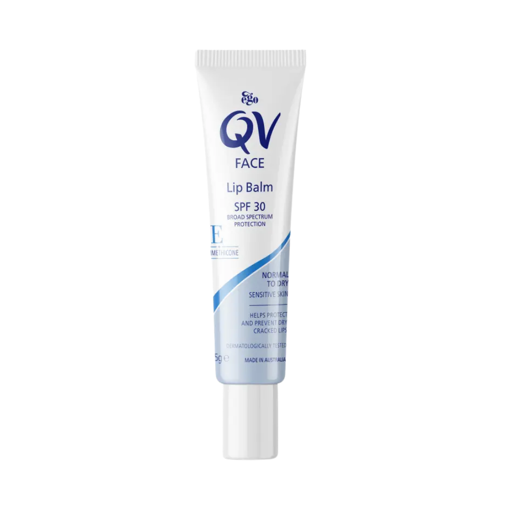 QV Face Lip Balm 15g with SPF 30, fragrance‑free moisturising lip protection for dry, sensitive lips with soft glide‑on applicator.