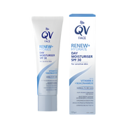 QV Face Renew + Hydrate Day Moisturiser SPF30 provides lightweight hydration and broad-spectrum sun protection, suitable for sensitive and everyday skin care.