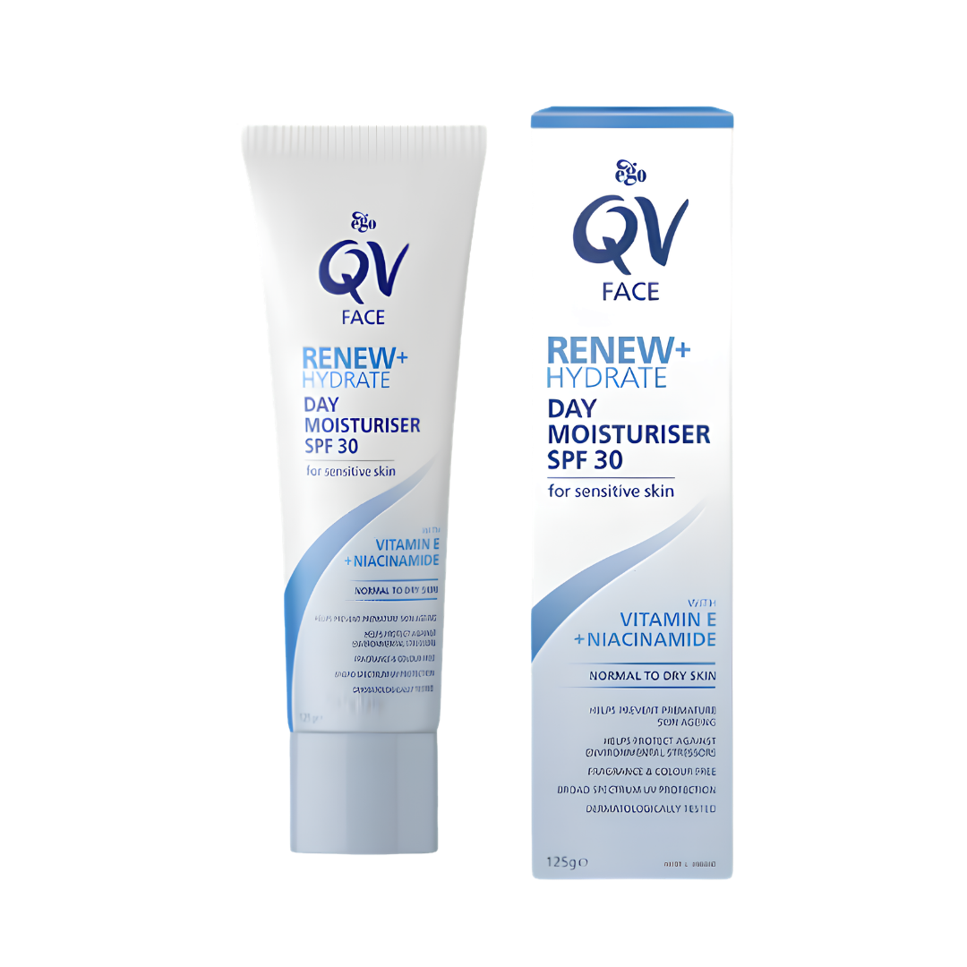 QV Face Renew + Hydrate Day Moisturiser SPF30 provides lightweight hydration and broad-spectrum sun protection, suitable for sensitive and everyday skin care.