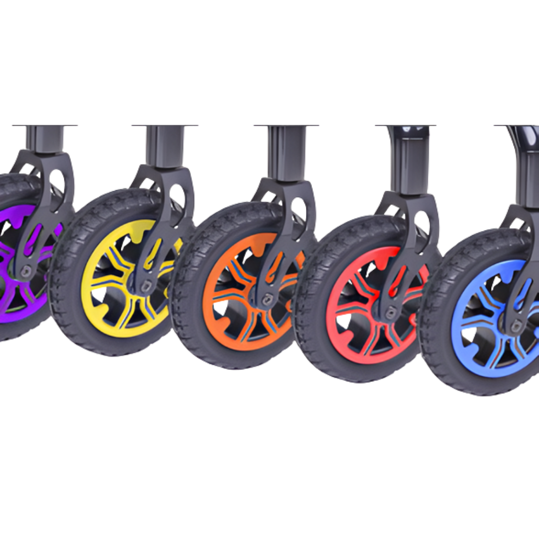 Quickie Q50R Wheel Trim Kit available in Blue, Orange, Purple, Red, and Yellow, designed to personalise and refresh wheelchair appearance.