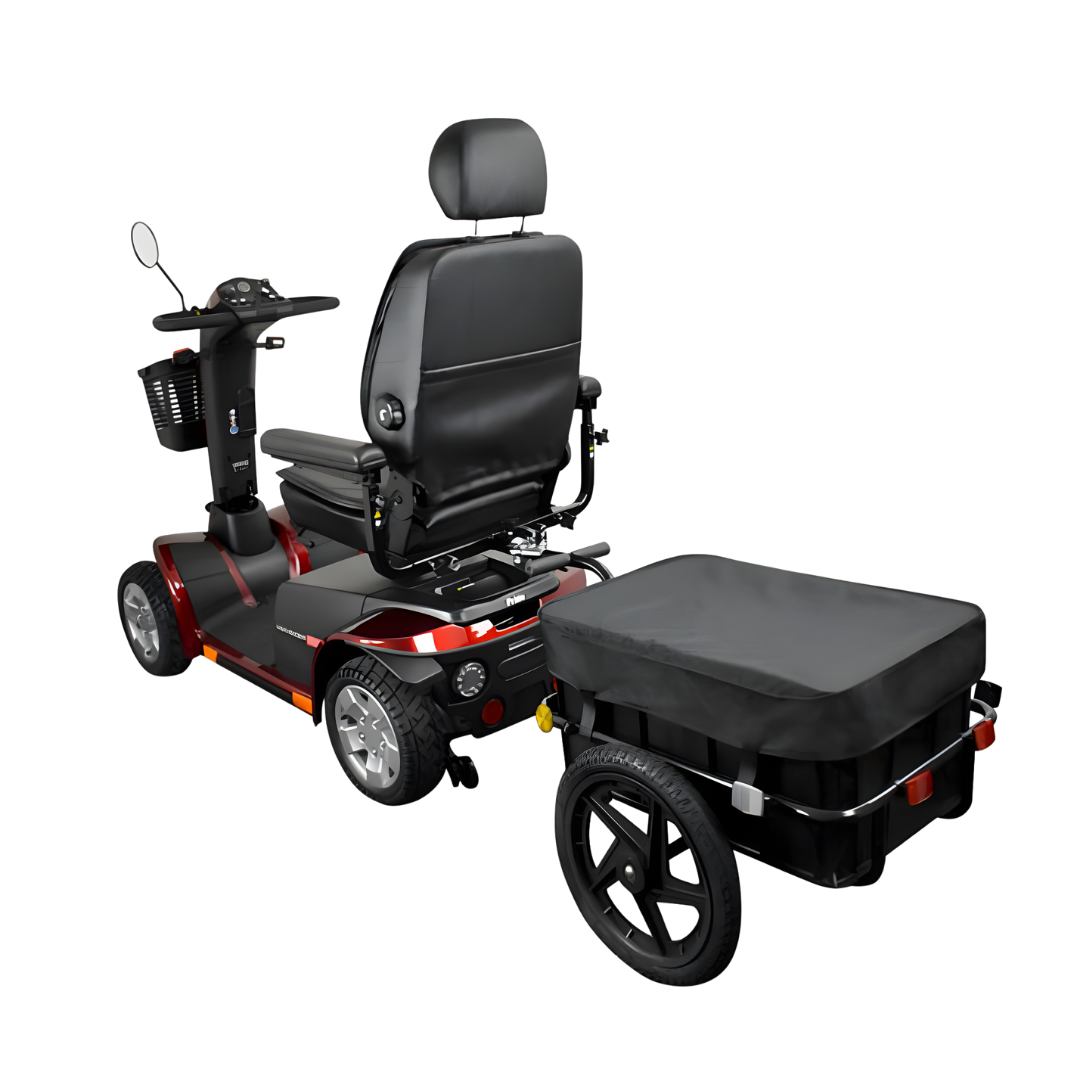 Standard rear trailer for mobility scooter providing extra storage space for shopping and personal items, enhancing independence and convenience outdoors.