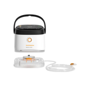 Smith+Nephew RENASYS EDGE negative pressure wound therapy unit with handle, attached white and clear exudate canister, and connected tubing system with orange connector.