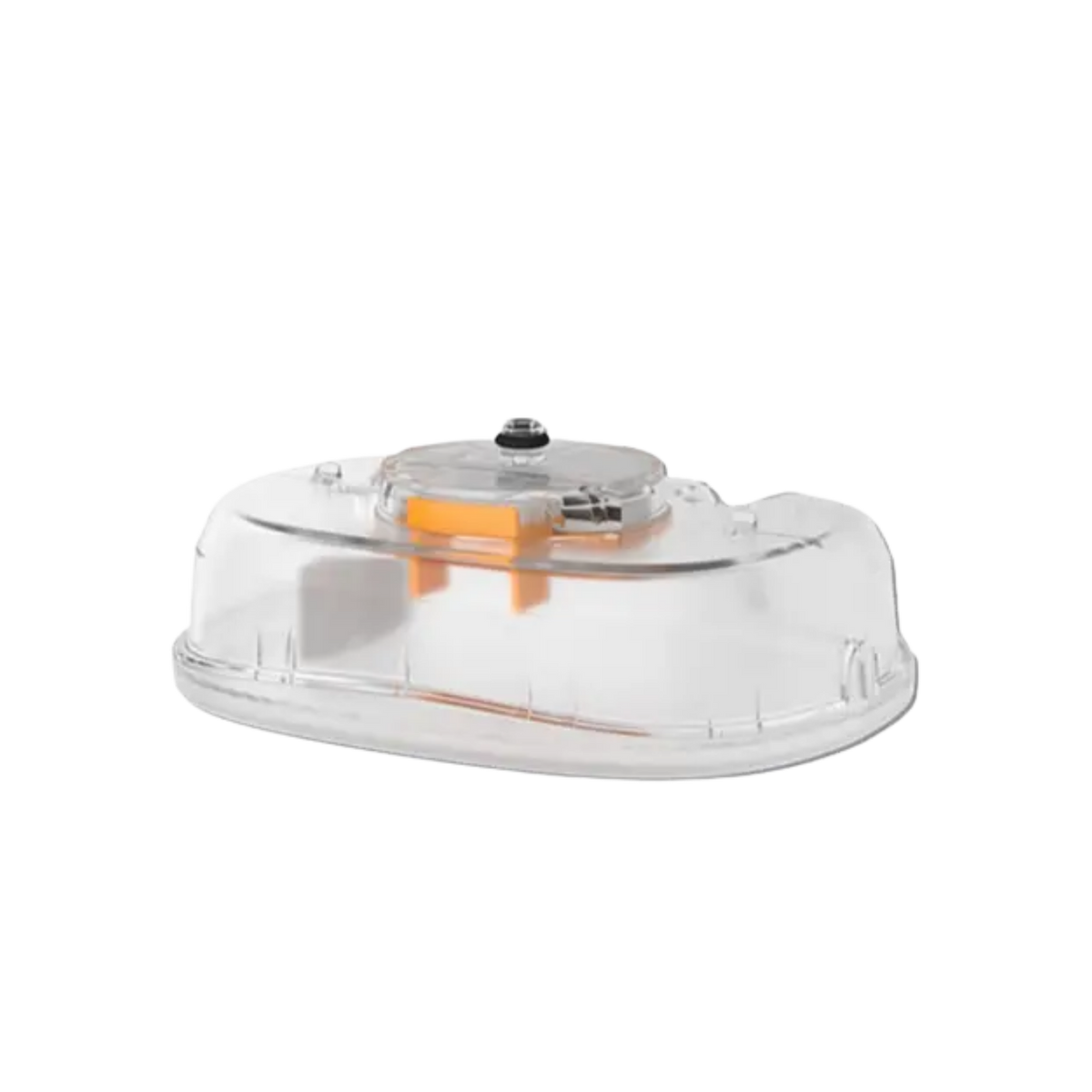 Clear plastic Smith+Nephew RENASYS EDGE negative pressure wound therapy exudate collection canister showing top connection port and orange internal assembly on a transparent background.