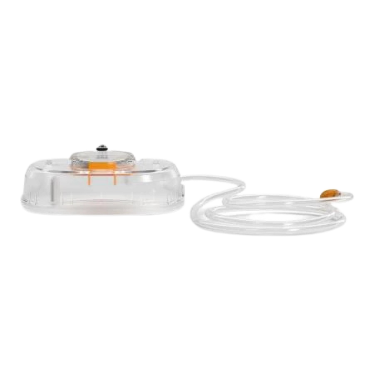 Clear Smith+Nephew RENASYS EDGE negative pressure wound therapy exudate canister with an orange top port, connected to coiled clear tubing with an orange end piece on a transparent background.