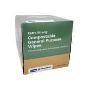 Product packaging box for Haines and Reynard Extra Strong Compostable General Purpose Wipes, featuring a green top section with white lettering and a Kraft cardboard base on a transparent background.