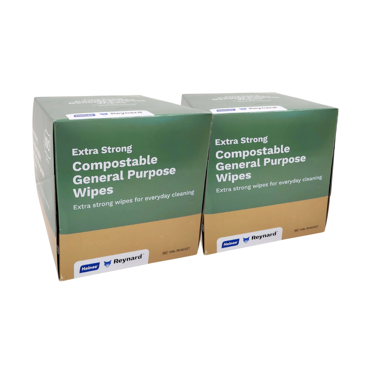 Two boxes of Reynard Compostable General Purpose Wipes, Extra Strong, shown on a plain white background.
