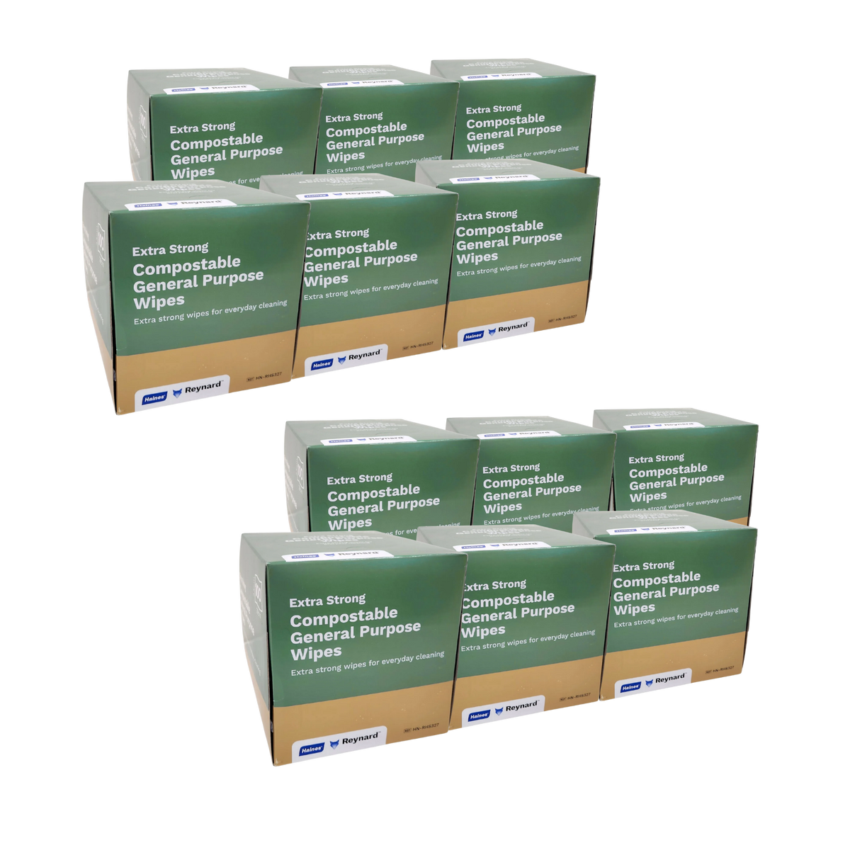Twelve boxes of MR Brand Extra Strong Compostable General Purpose Wipes arranged in two rows on a plain white background.