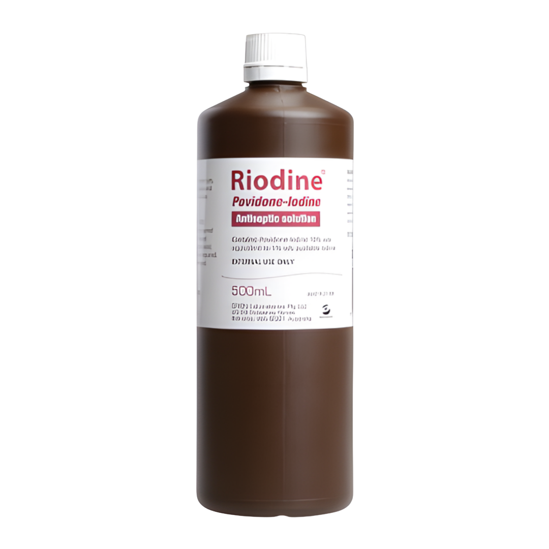 Riodine Povidone-Iodine 10% Antiseptic Solution in 15ml, 100ml, and 500ml bottles.
