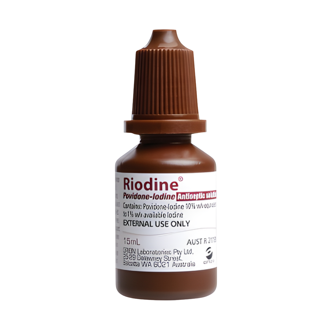 Riodine Povidone-Iodine 10% Antiseptic Solution in 15ml, 100ml, and 500ml bottles.
