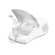 A white and silver nebulizer machine with its lid open, showing a clear mist chamber and attached tubing on a plain white background.