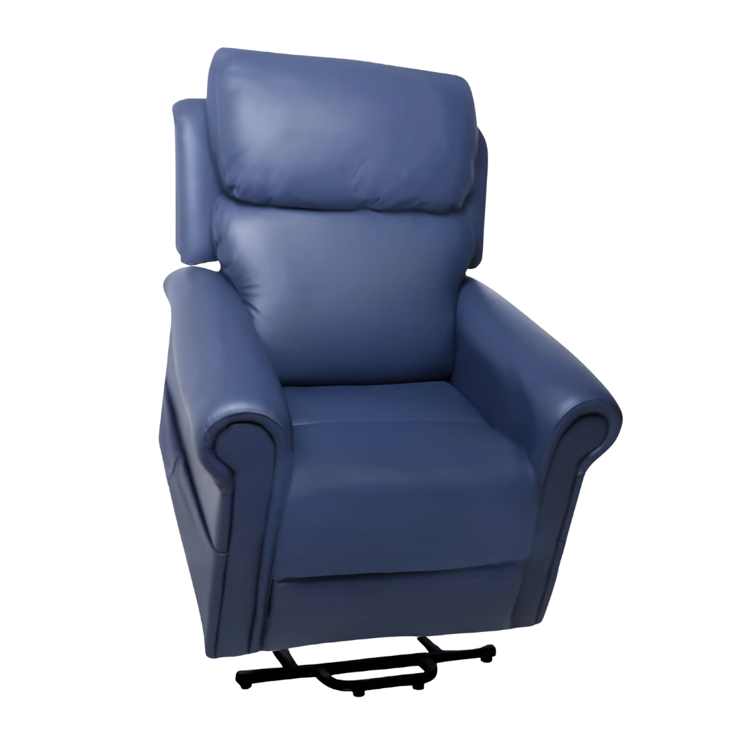 Royale Chadwick Oxford Plush Leather Lift Chair quad motor in Jet Carbon Black and Marine Blue offers premium comfort, lift assistance, and tailored support.