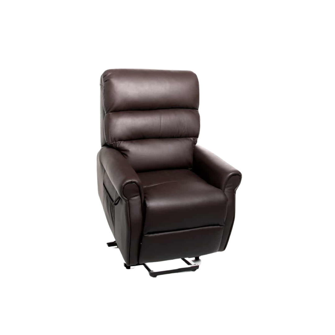 Royale Mayfair Mini Luxury Leather Lift Chair in Espresso Dark Brown and Taupe Beige, offering elegant comfort and assisted mobility for daily living.