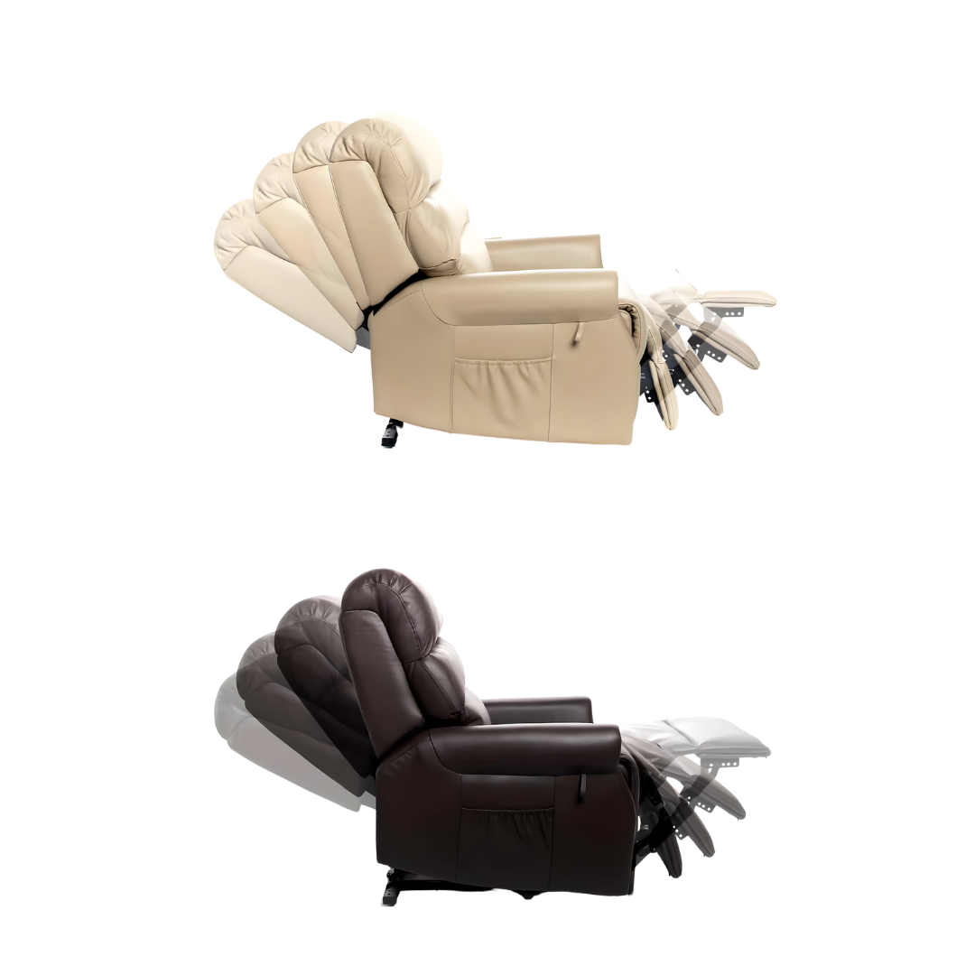 Royale Mayfair Mini Luxury Leather Lift Chair in Espresso Dark Brown and Taupe Beige, offering elegant comfort and assisted mobility for daily living.