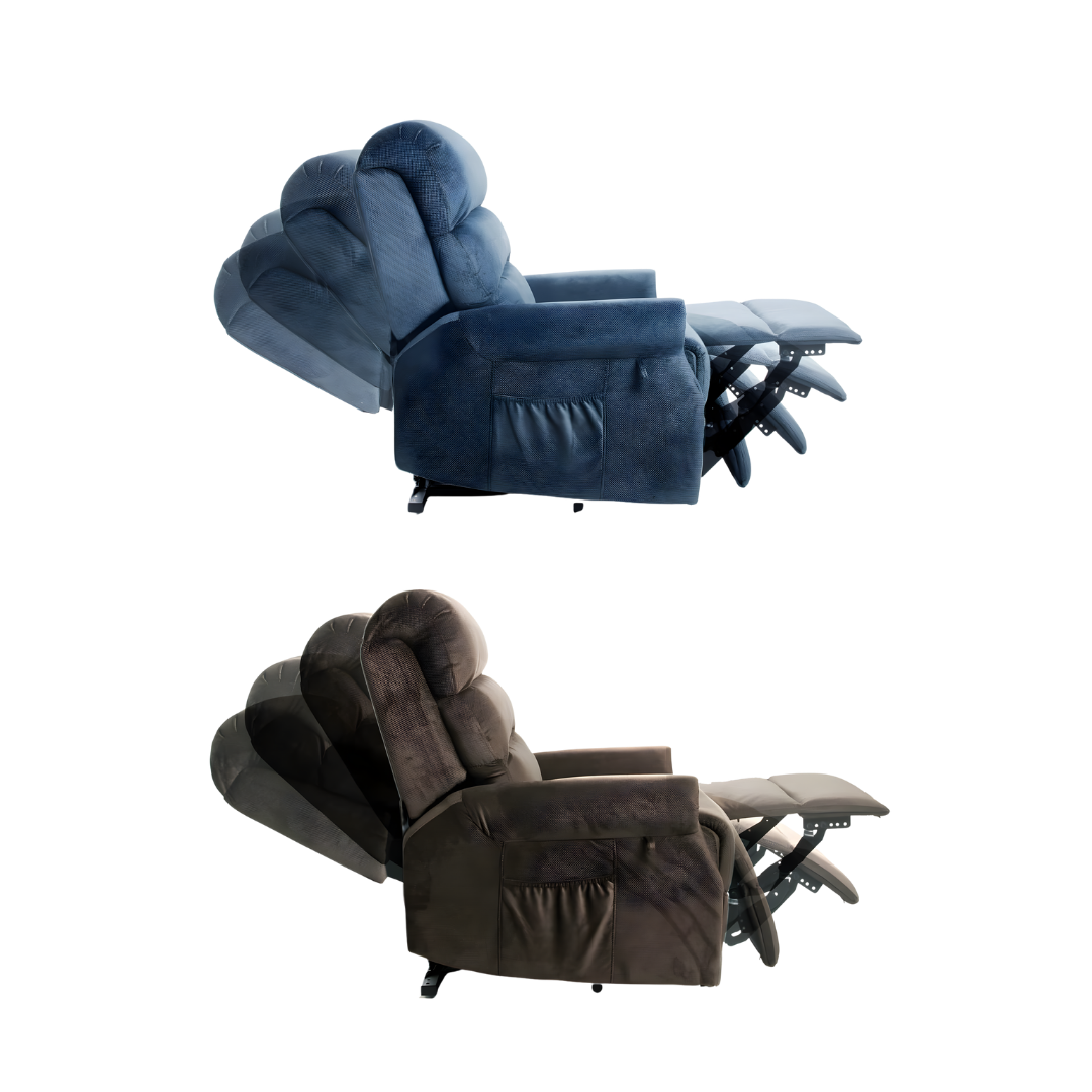 Royale Mayfair Mini Signature Lift Chair in Dark Coffee Bean and Symphony Blue offers compact design, lift assistance, and supportive comfort for daily living.