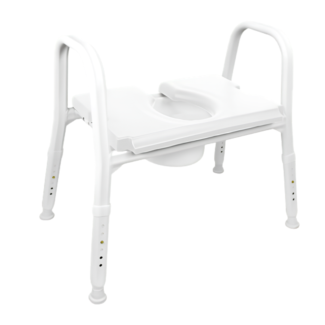 Royale Medical Premium Bariatric 65 cm Over Toilet Aid with padded seat, 305 kg safe load, adjustable legs, ergonomic armrests, and rust-resistant frame.
