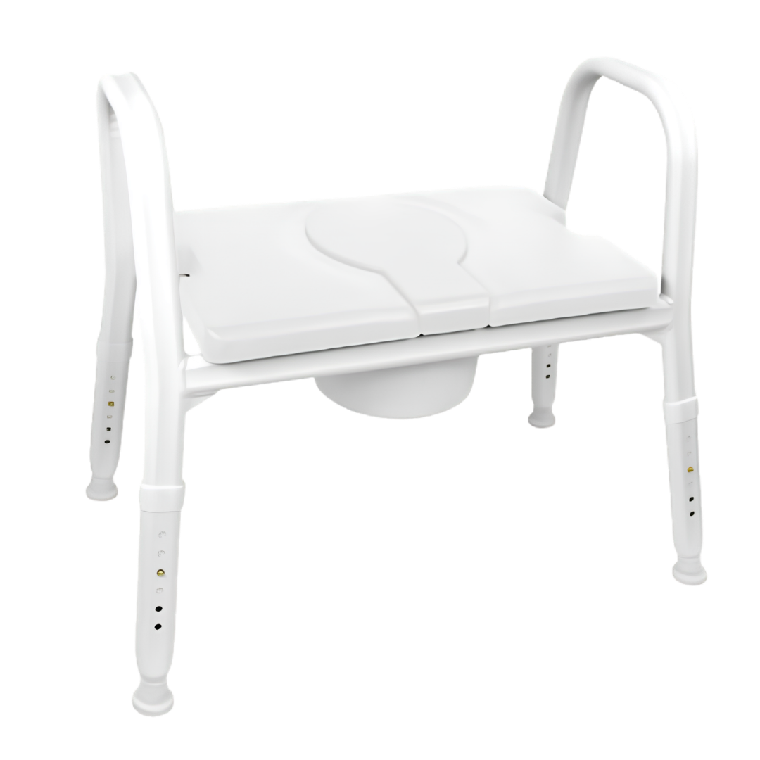 Royale Medical Premium Bariatric 65 cm Over Toilet Aid with padded seat, 305 kg safe load, adjustable legs, ergonomic armrests, and rust-resistant frame.