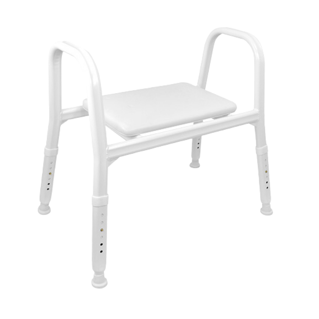 Royale Medical bariatric heavy duty shower stool, reinforced rust‑free aluminium frame, padded seat, high safe load, supports safe bathing and independence.