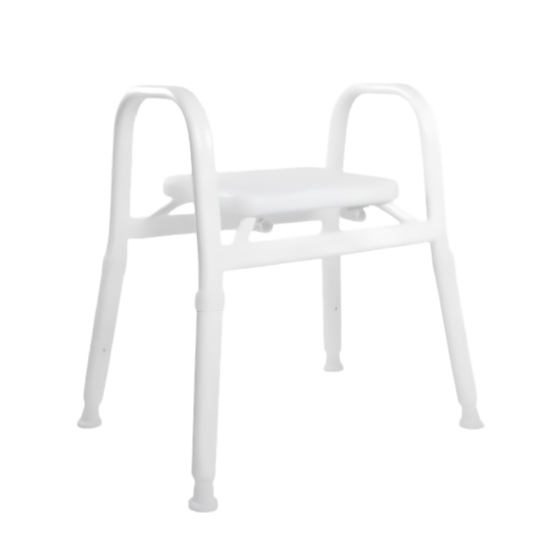Royale Medical premium heavy duty shower stool, reinforced rust‑free aluminium frame, padded seat, high safe load, supports safe bathing and independence.