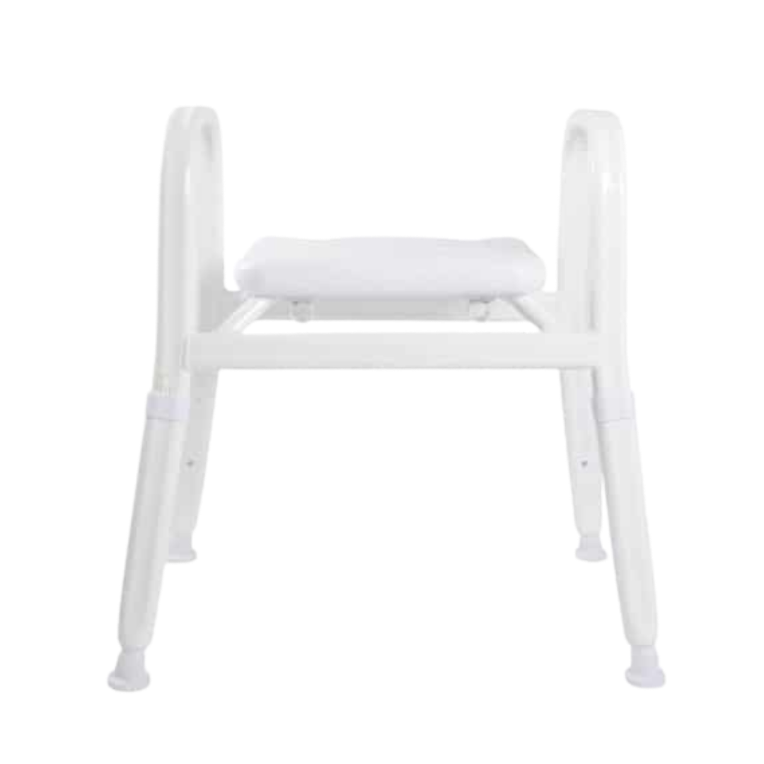 Royale Medical premium heavy duty shower stool, reinforced rust‑free aluminium frame, padded seat, high safe load, supports safe bathing and independence.