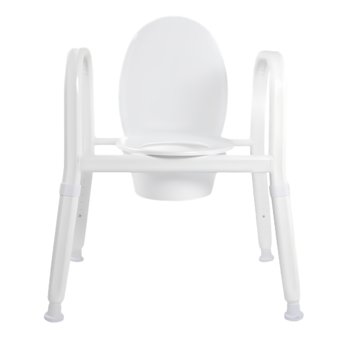 Royale Medical Premium Heavy Duty Over Toilet Aid with 56 cm seat, 280 kg safe load, adjustable height, fixed armrests, and reinforced aluminium frame.