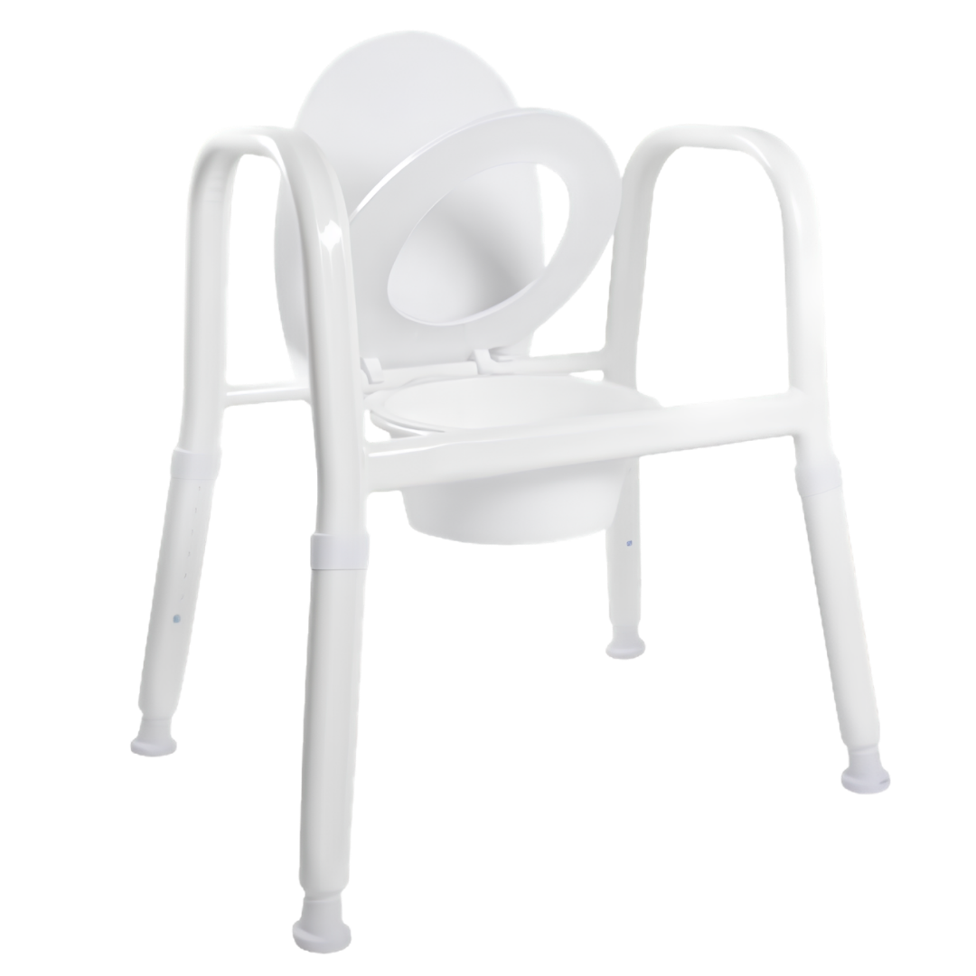 Royale Medical Premium Heavy Duty Over Toilet Aid with 56 cm seat, 280 kg safe load, adjustable height, fixed armrests, and reinforced aluminium frame.