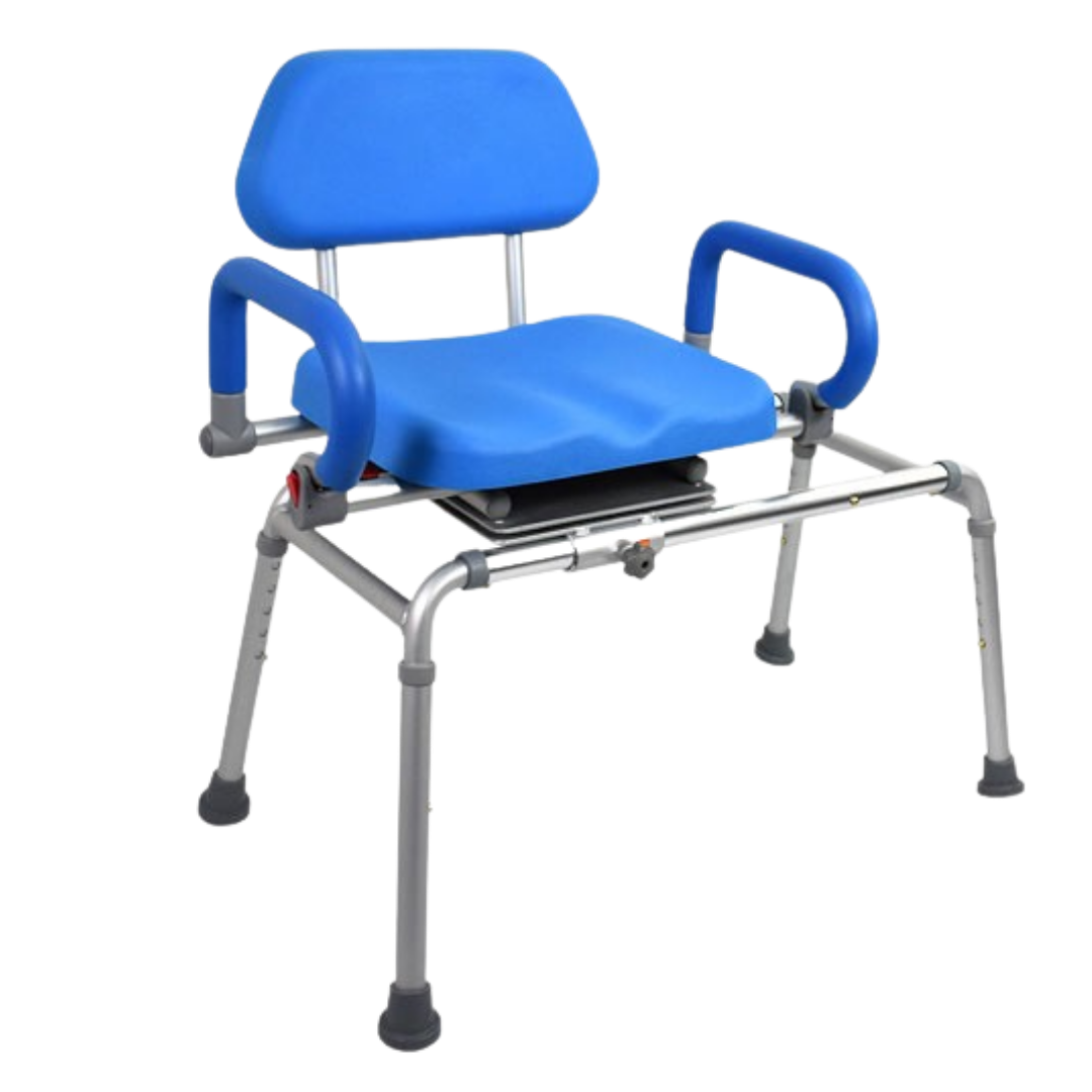 Royale Medical sliding and swivel transfer bench, rust‑free aluminium frame, smooth seat rotation, supports safe transfers and independent bathing comfort.