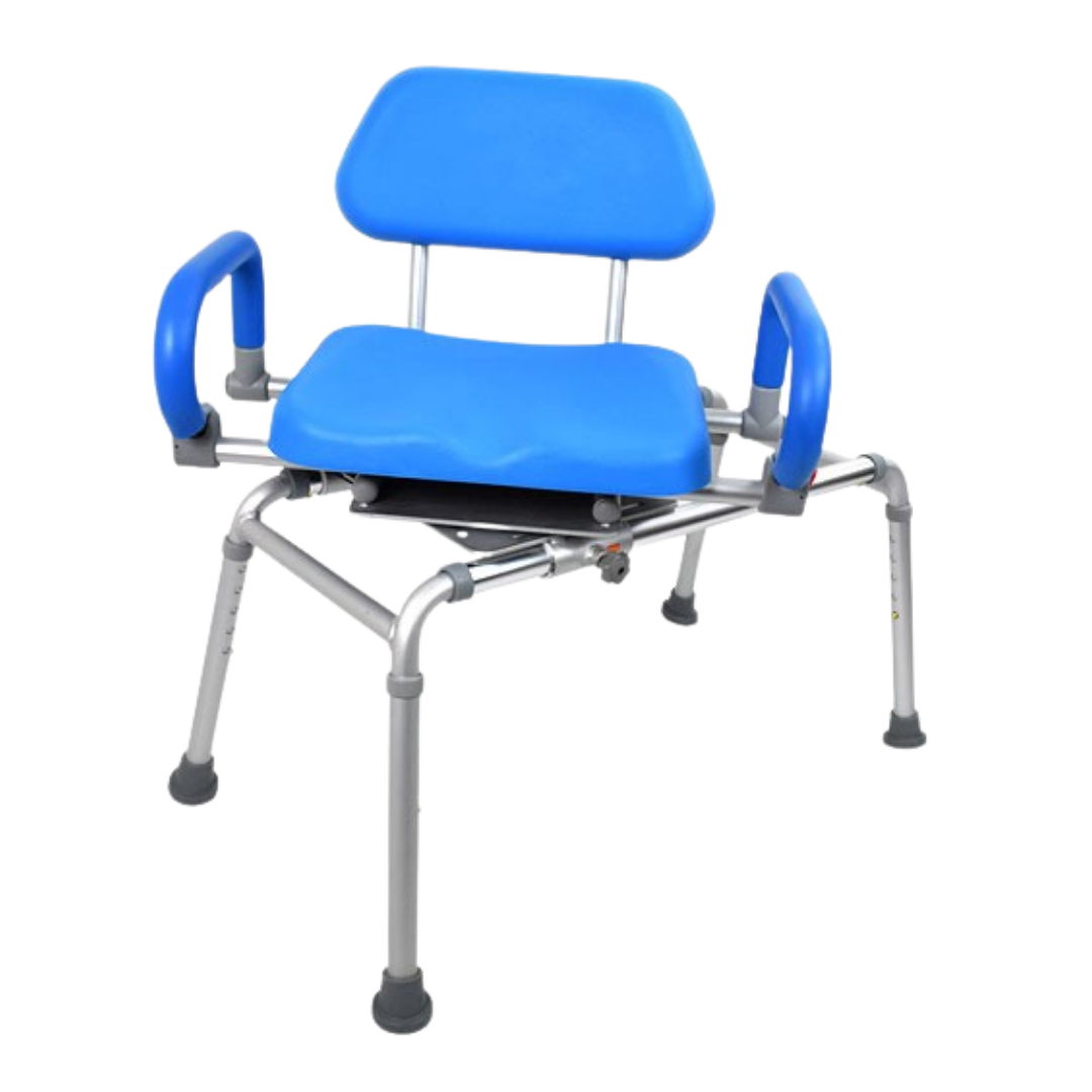 Royale Medical sliding and swivel transfer bench, rust‑free aluminium frame, smooth seat rotation, supports safe transfers and independent bathing comfort.
