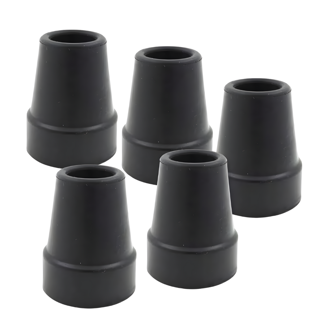 Rubber ferrule tips in black and grey, available in 16mm and 18mm sizes, designed for walking sticks and canes.