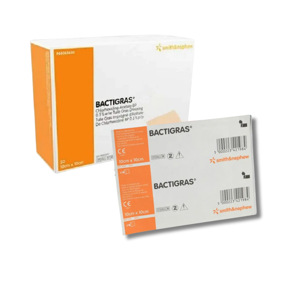 Product packaging for Smith & Nephew Bactigras Chlorhexidine Acetate BP 0.5% w/w Tulle Gras Dressing (10x10cm, 50-pack), featuring an orange and white box alongside two individually sealed sterile foil wrapper packets, on a transparent background.