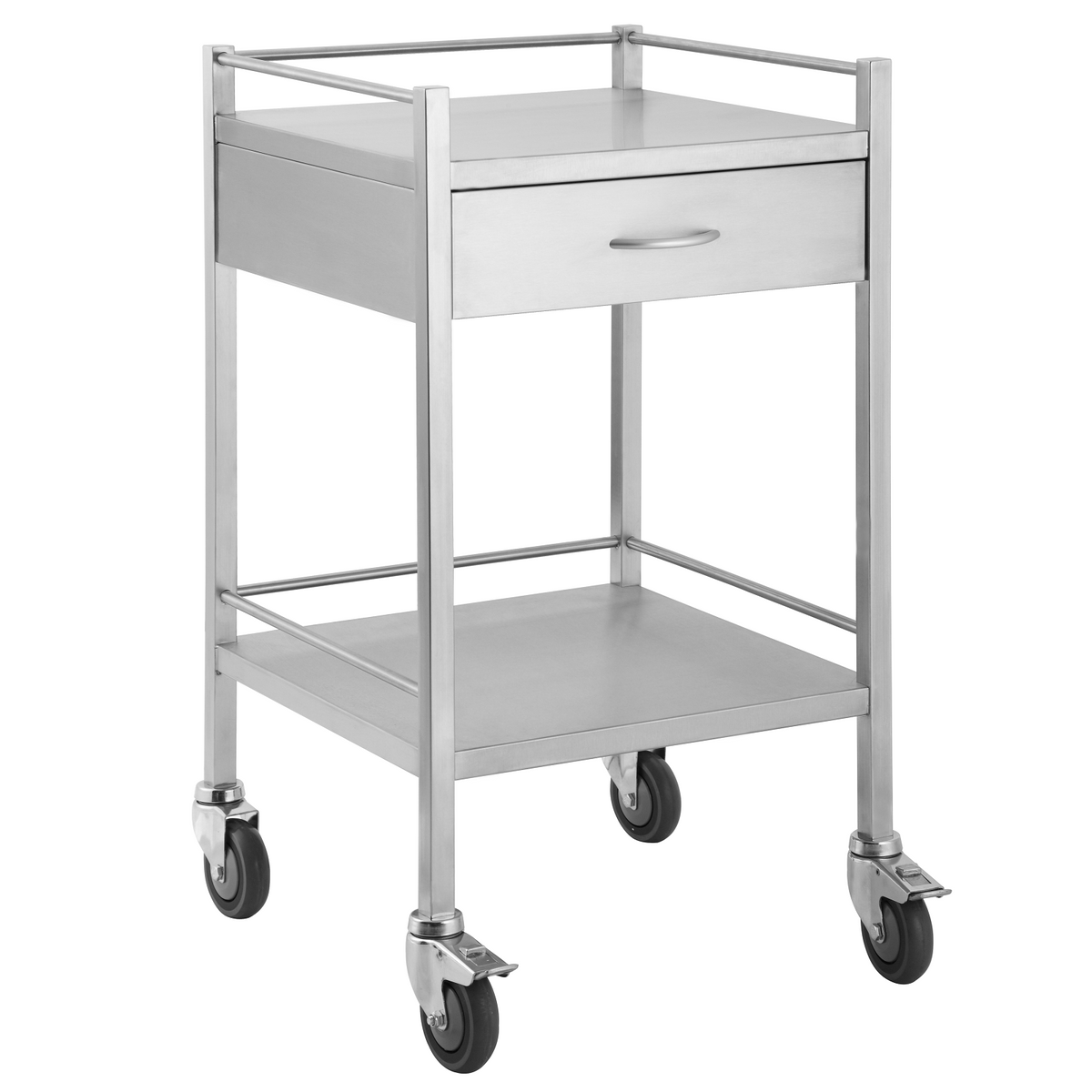 Stainless Steel Trolley One Drawer (SST01) front angled view, 304 stainless steel with bottom shelf and rails on three sides