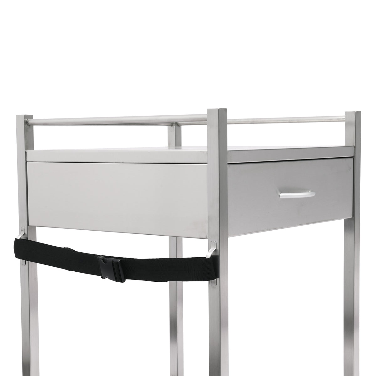 Close-up of the oxygen cylinder strap on the Stainless Steel Oxygen Trolley Single Drawer